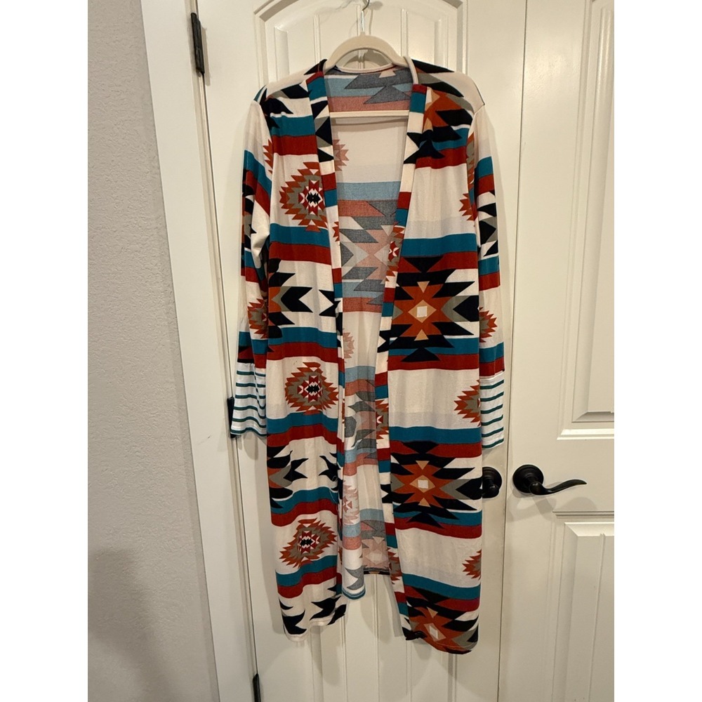 Southwestern Aztec Print Longline Cardigan‎ Kimono Duster Open Front XL